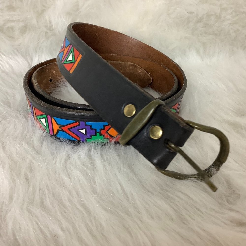 Vintage Black & Multi-Color Tooled Leather Southwestern Geometric Belt 42